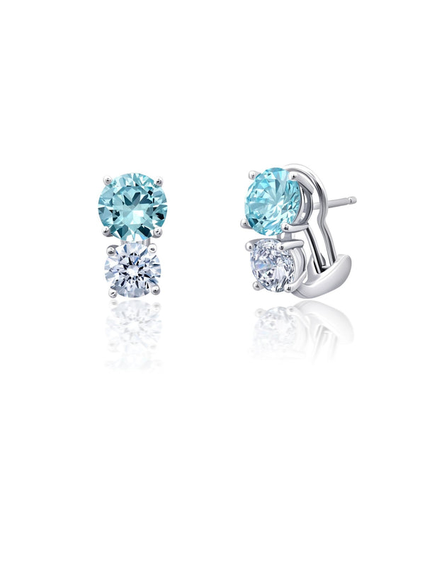 Aqua And Clear 2 Stone Post With Clip Earrings - CRISLU