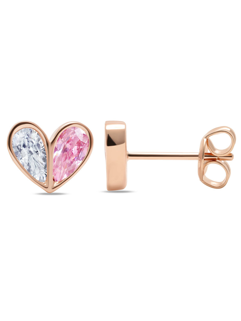 Crush - 18k Rose Gold Heart Stud Earrings w/ Pink Pear Cut Stone - CRISLU