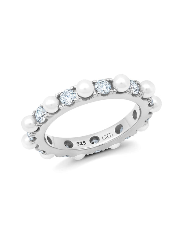 Large Pearl And Round Brilliant Cut Eternity Ring - CRISLU