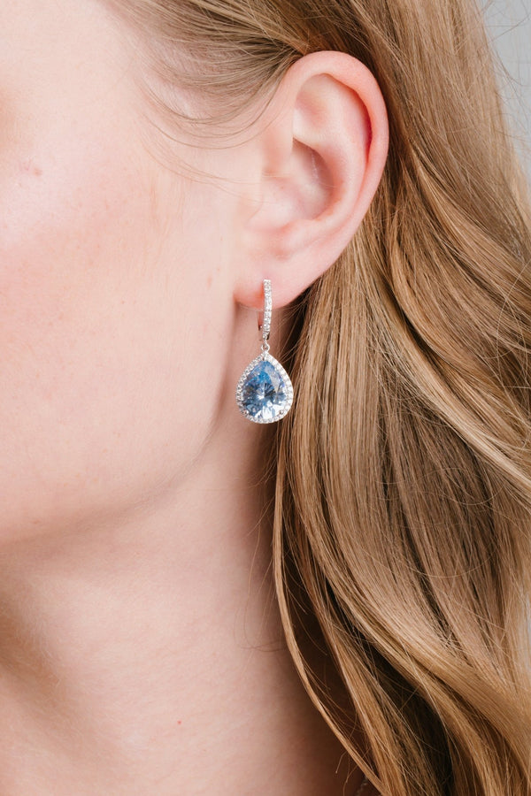 Pear Drop Blue Quartz Earrings Finished in Pure Platinum - CRISLU