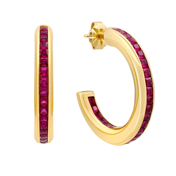 Princess Cut Ruby Color Hoop Earrings - CRISLU