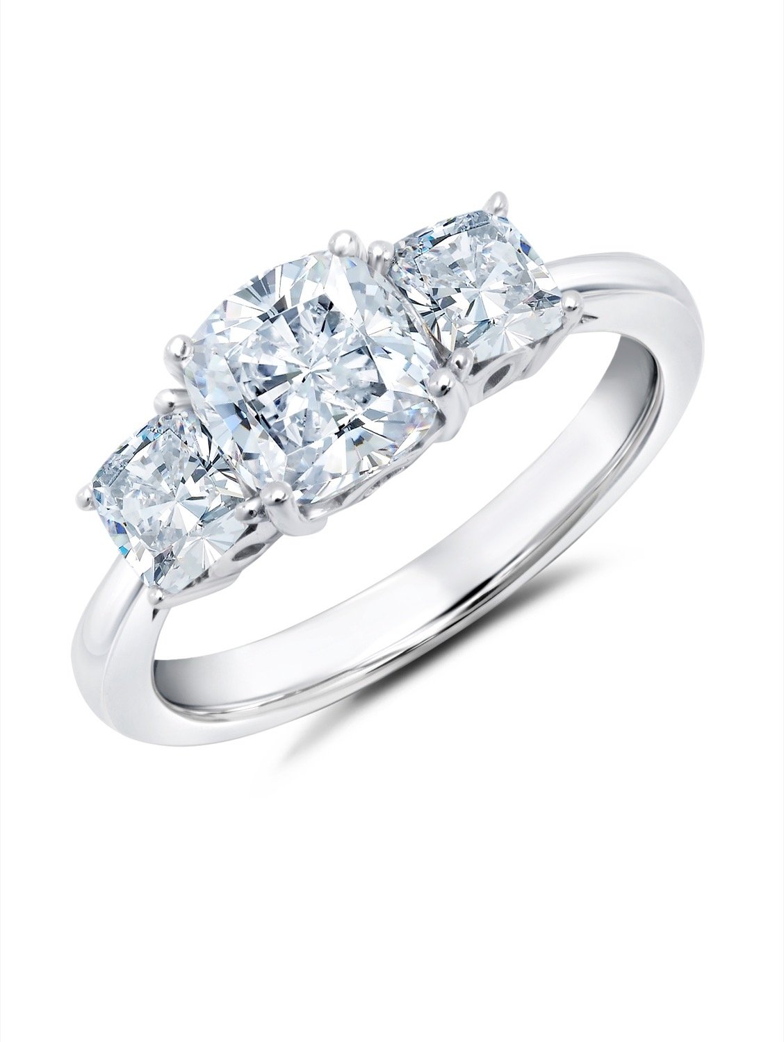 3 Stone Cushion Cut Ring Finished in Pure Platinum - CRISLU