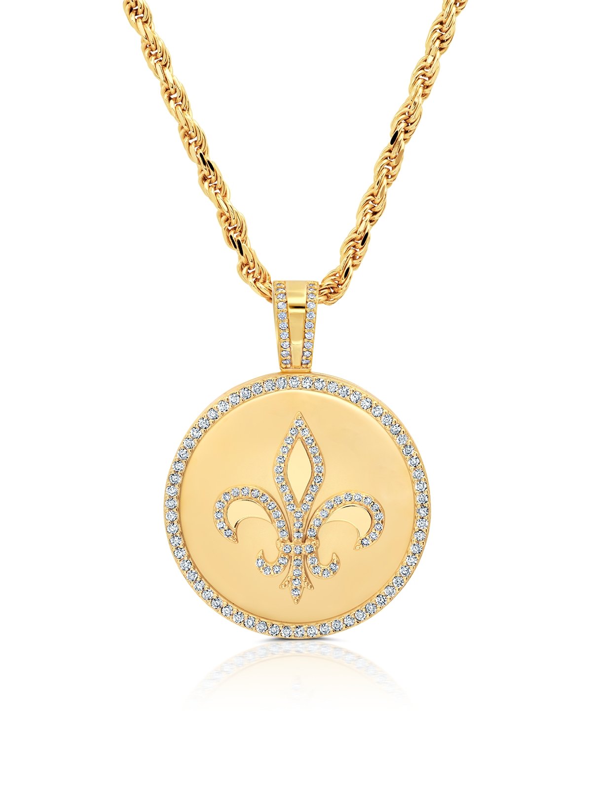 Mens Fleur De Lis Medallion Pendant With Matching Backplate And Round Cut Stone Borders - CRISLU