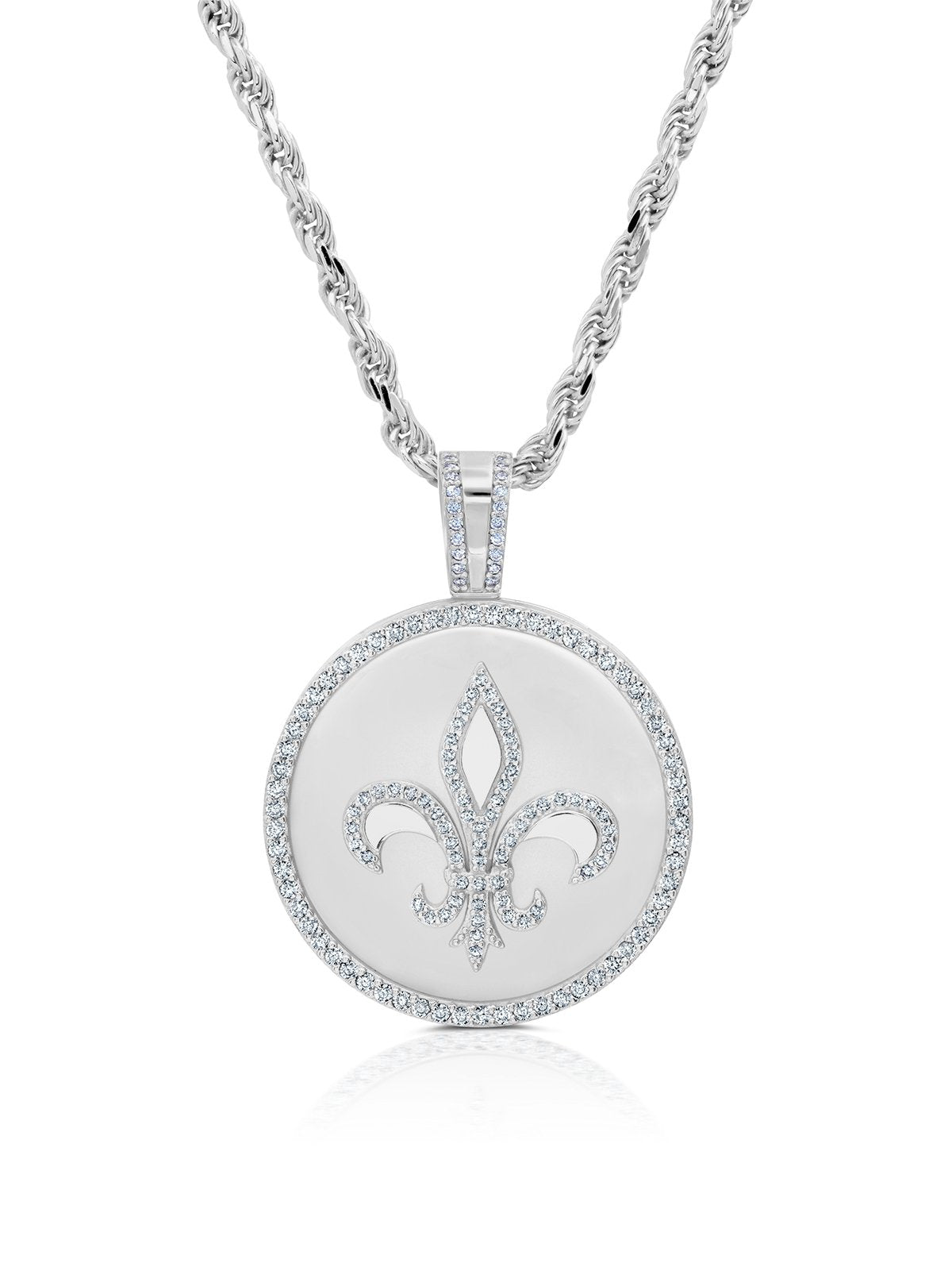 Mens Fleur De Lis Medallion Pendant With Matching Backplate And Round Cut Stone Borders - CRISLU