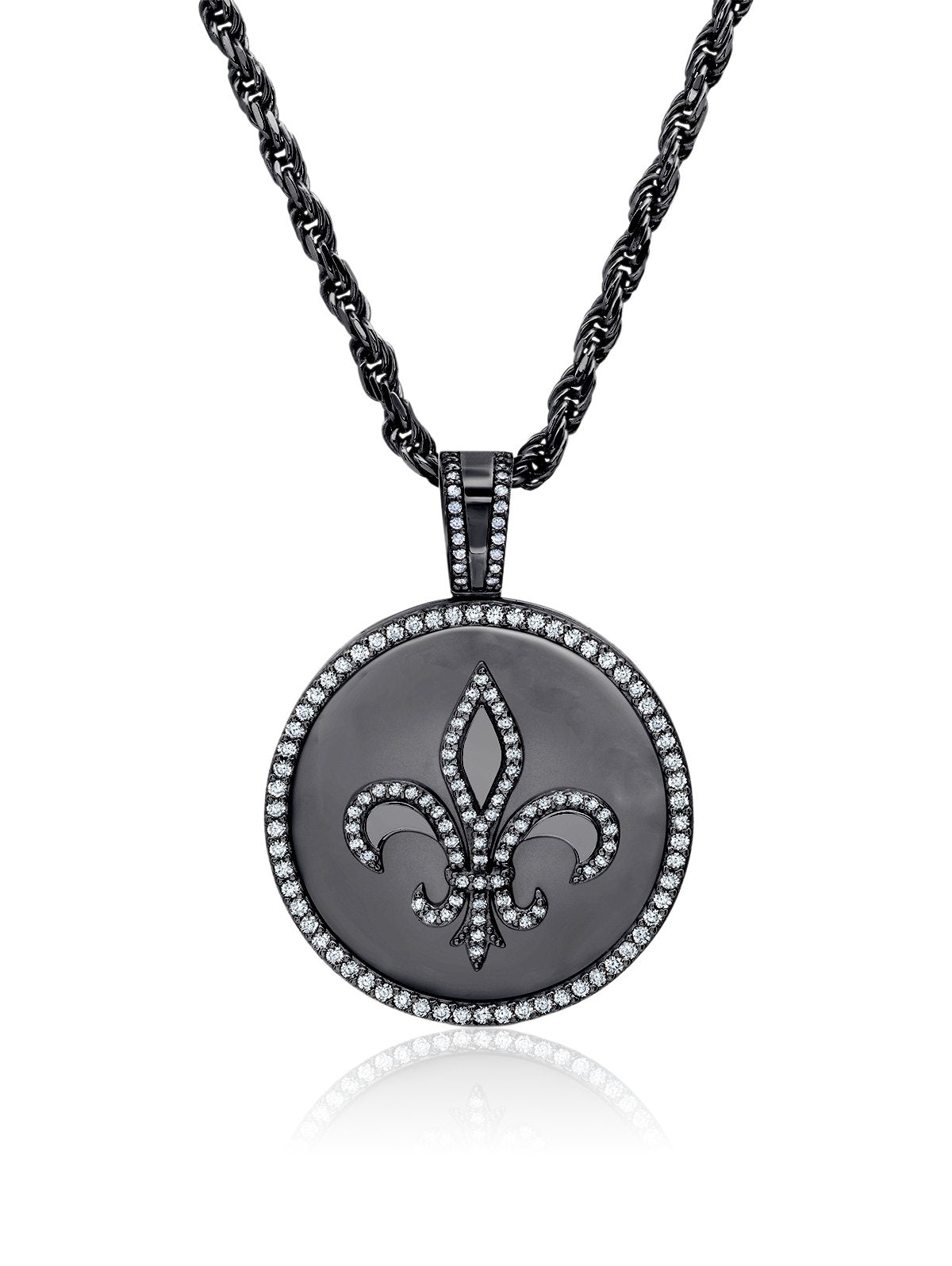 Mens Fleur De Lis Medallion Pendant With Matching Backplate And Round Cut Stone Borders - CRISLU