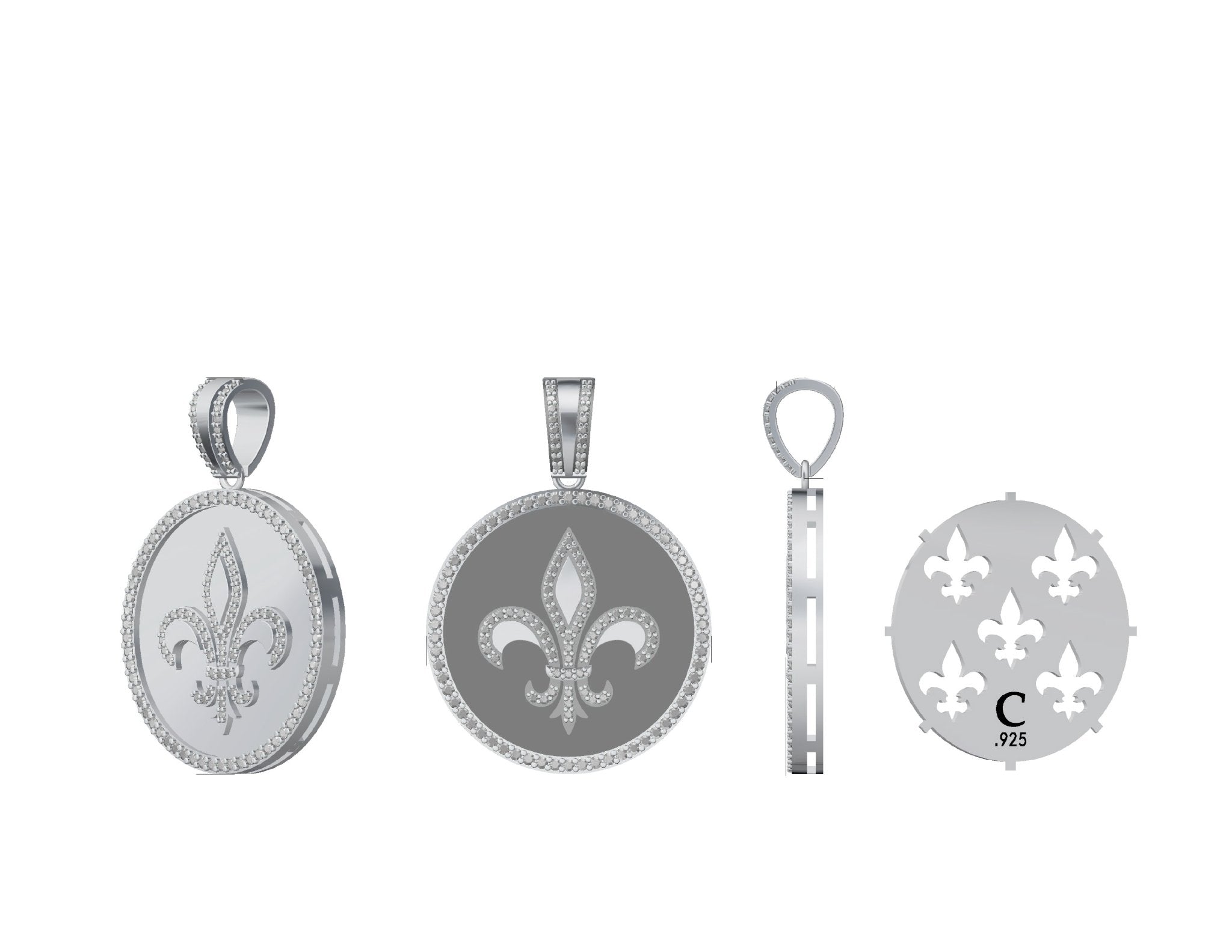 Mens Fleur De Lis Medallion Pendant With Matching Backplate And Round Cut Stone Borders - CRISLU