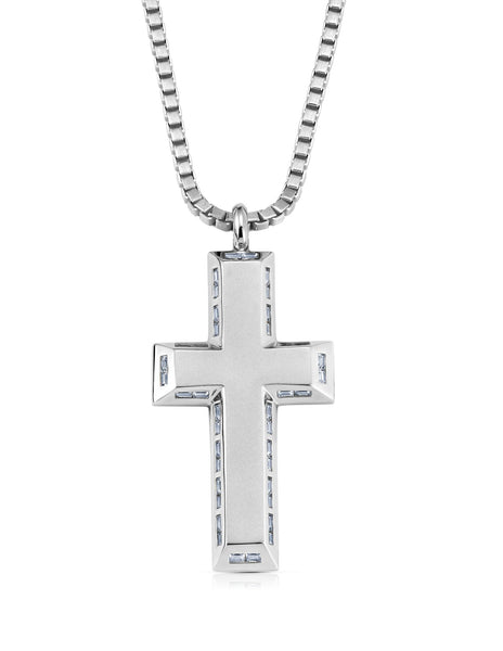 Mens Matte Box Chain Dog Tag Necklace with Baguettes Finished in Pure Platinum - Crislu 20 / Pure Platinum