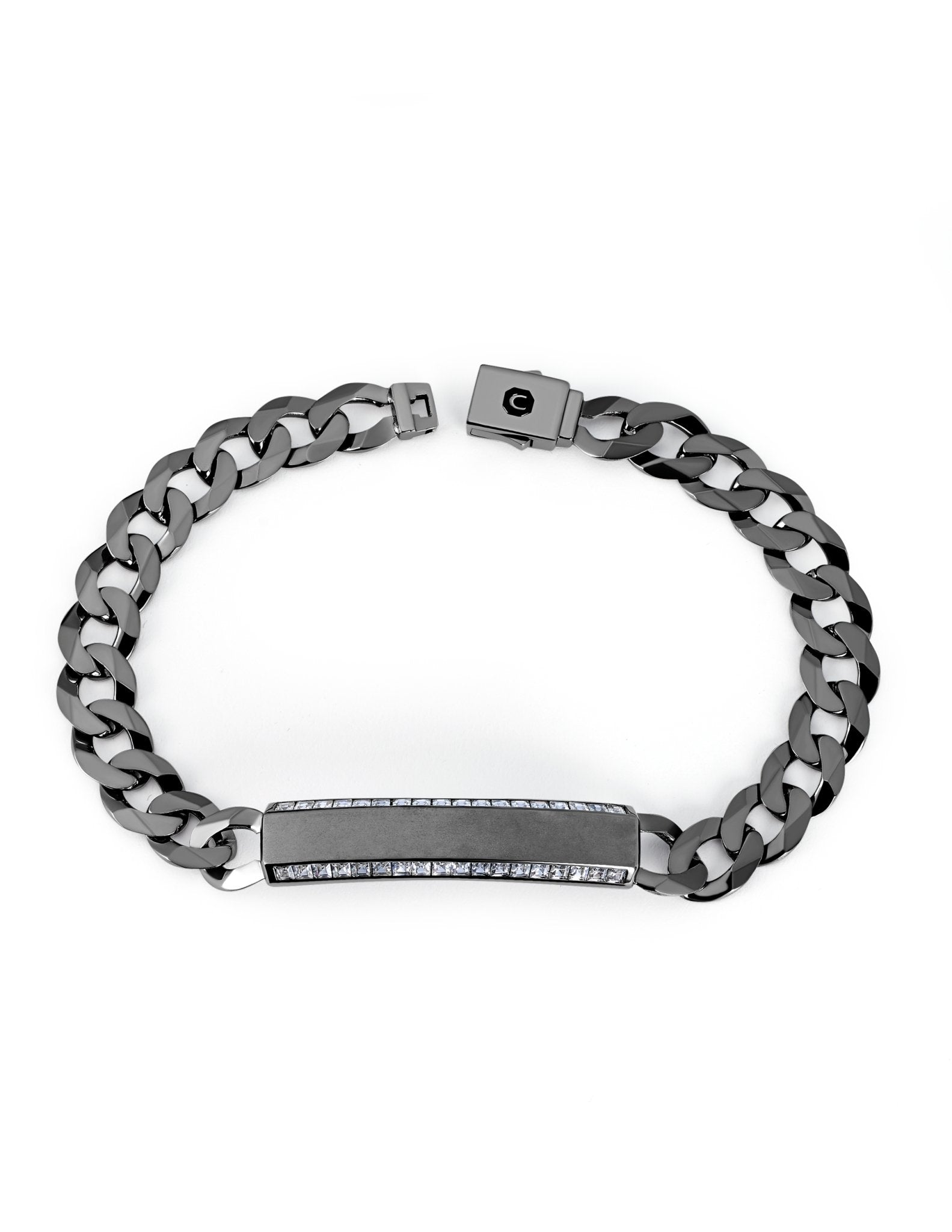 Mens Matte Curb Chain ID Bracelet with Brilliant Center Finished in Black Rhodium - CRISLU