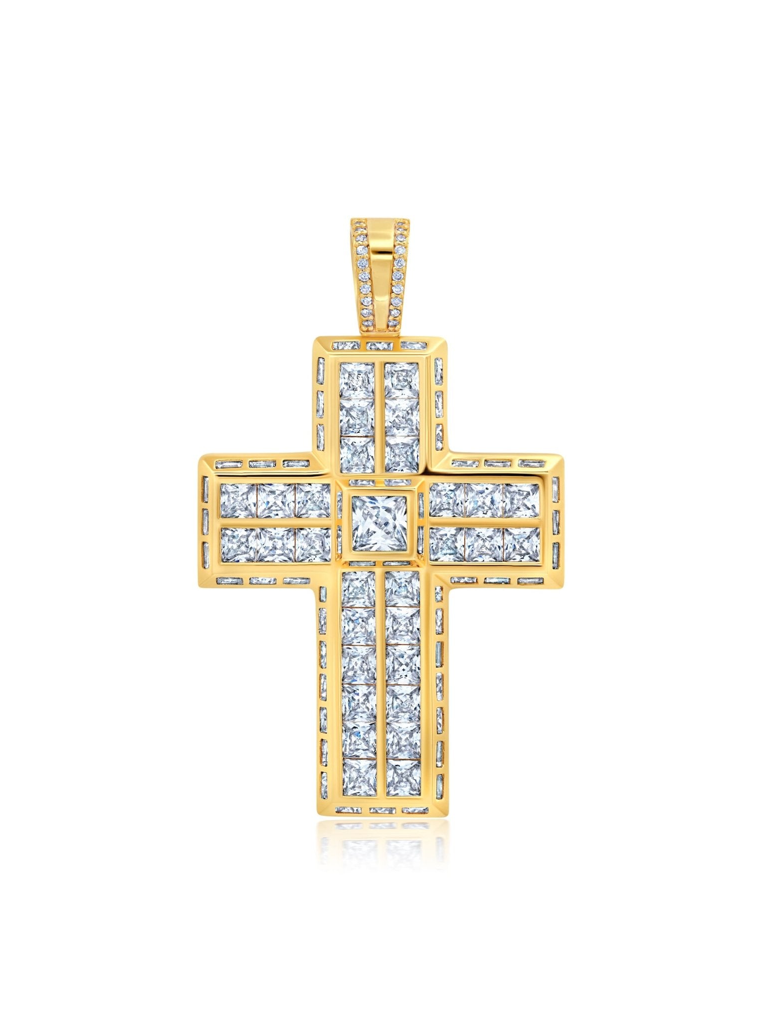 Mens Square Princess Cut Cross Pendant With Side Baguette Stones - CRISLU