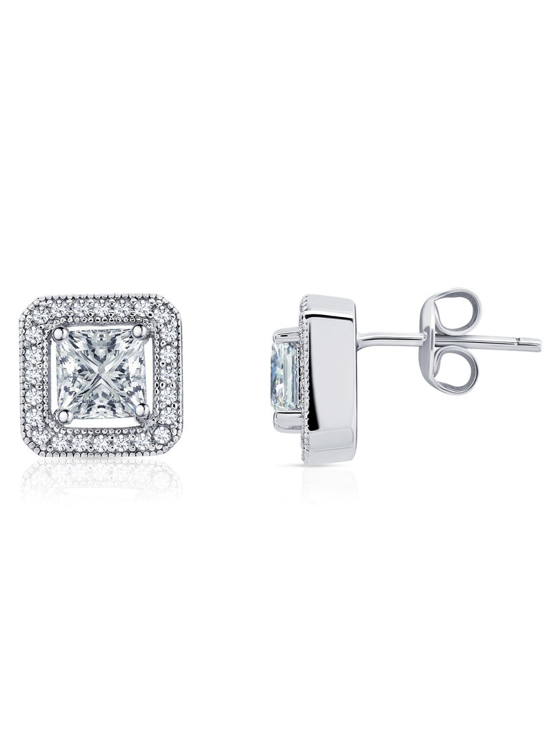 Princess Cut Halo Stud Earrings Finished in Pure Platinum - CRISLU