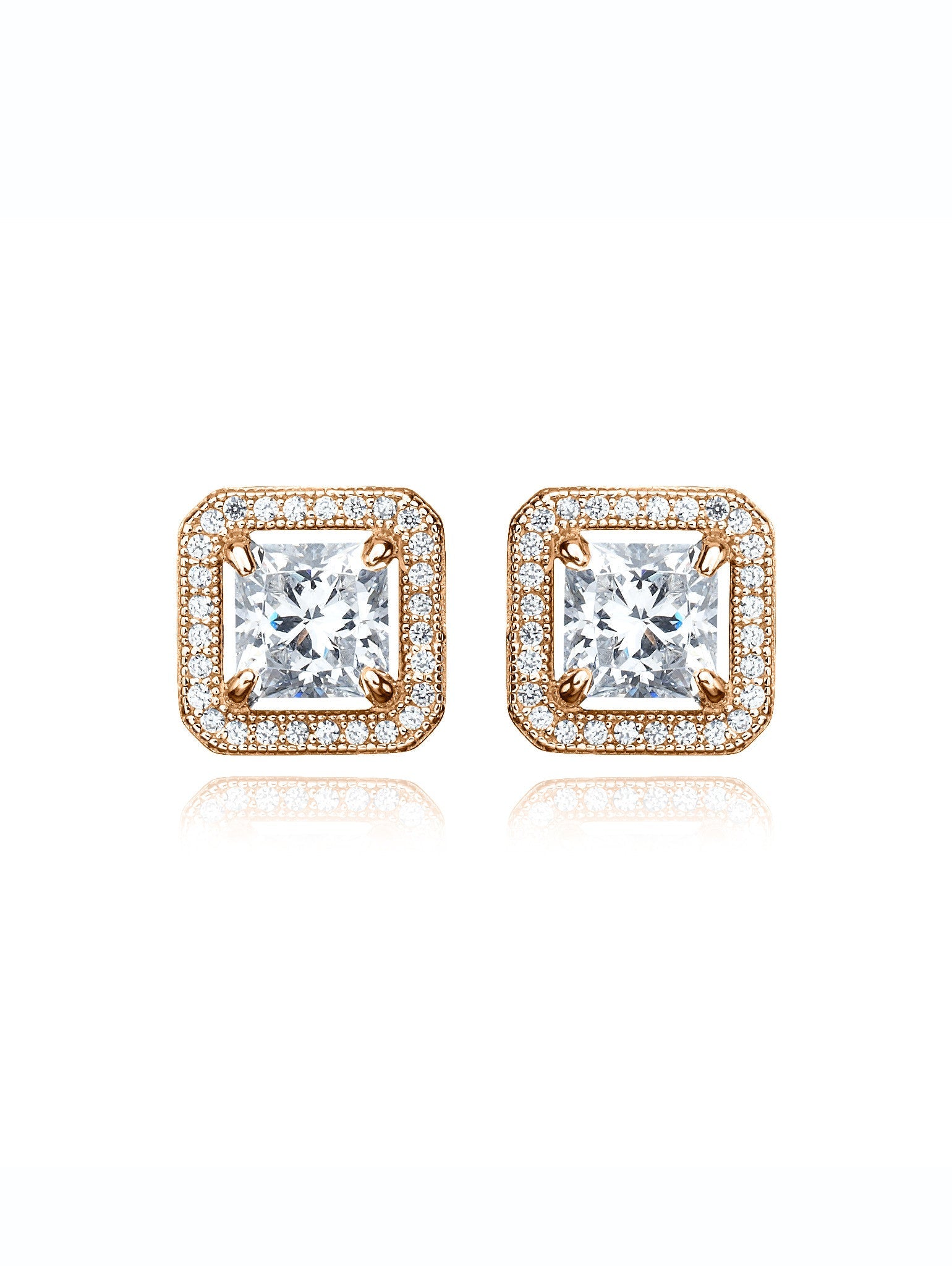 Princess Cut Stud Earrings With Halo Finished in 18kt Rose Gold - CRISLU