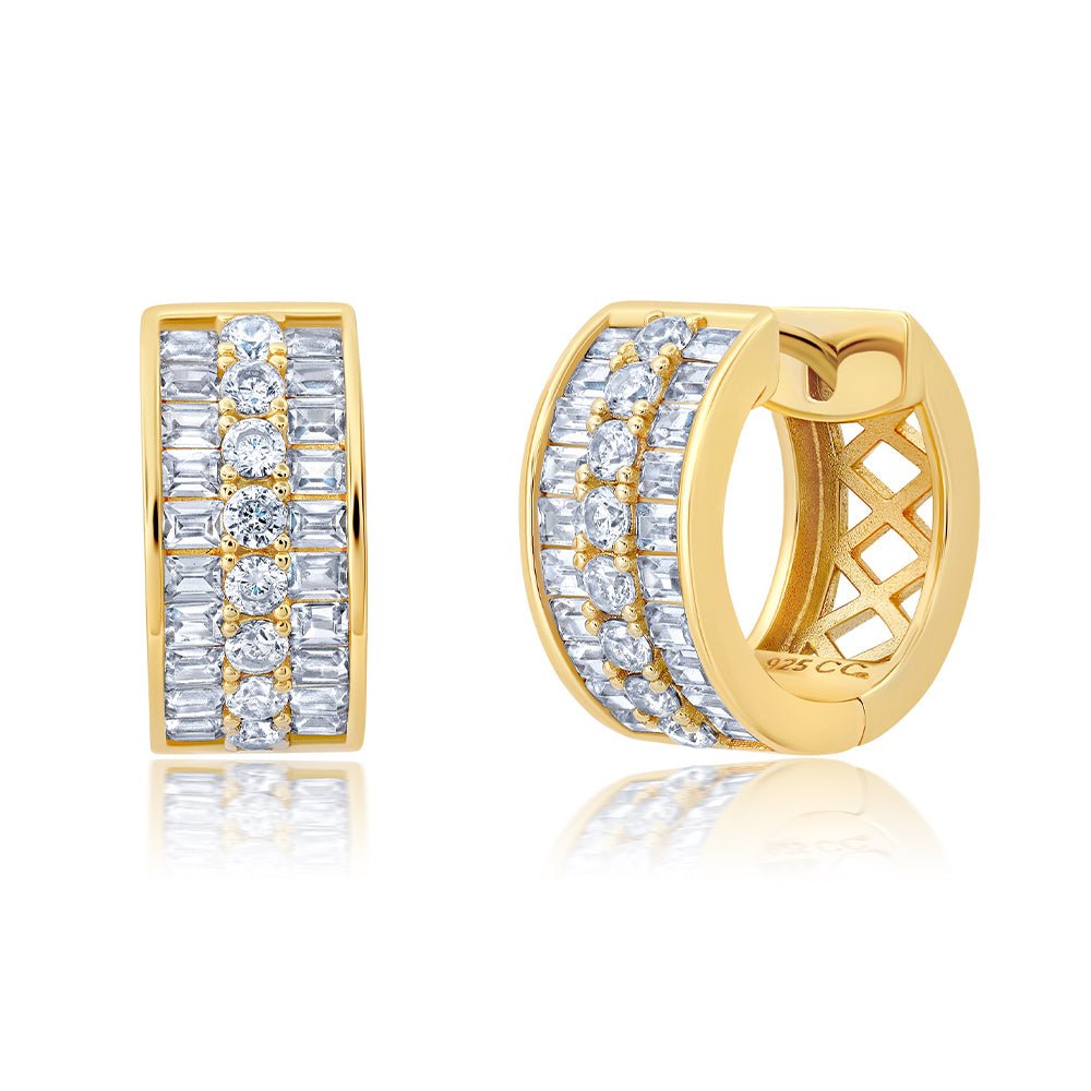 Small 3 Row Square Baguette With Brilliant Round Center Earrings - CRISLU