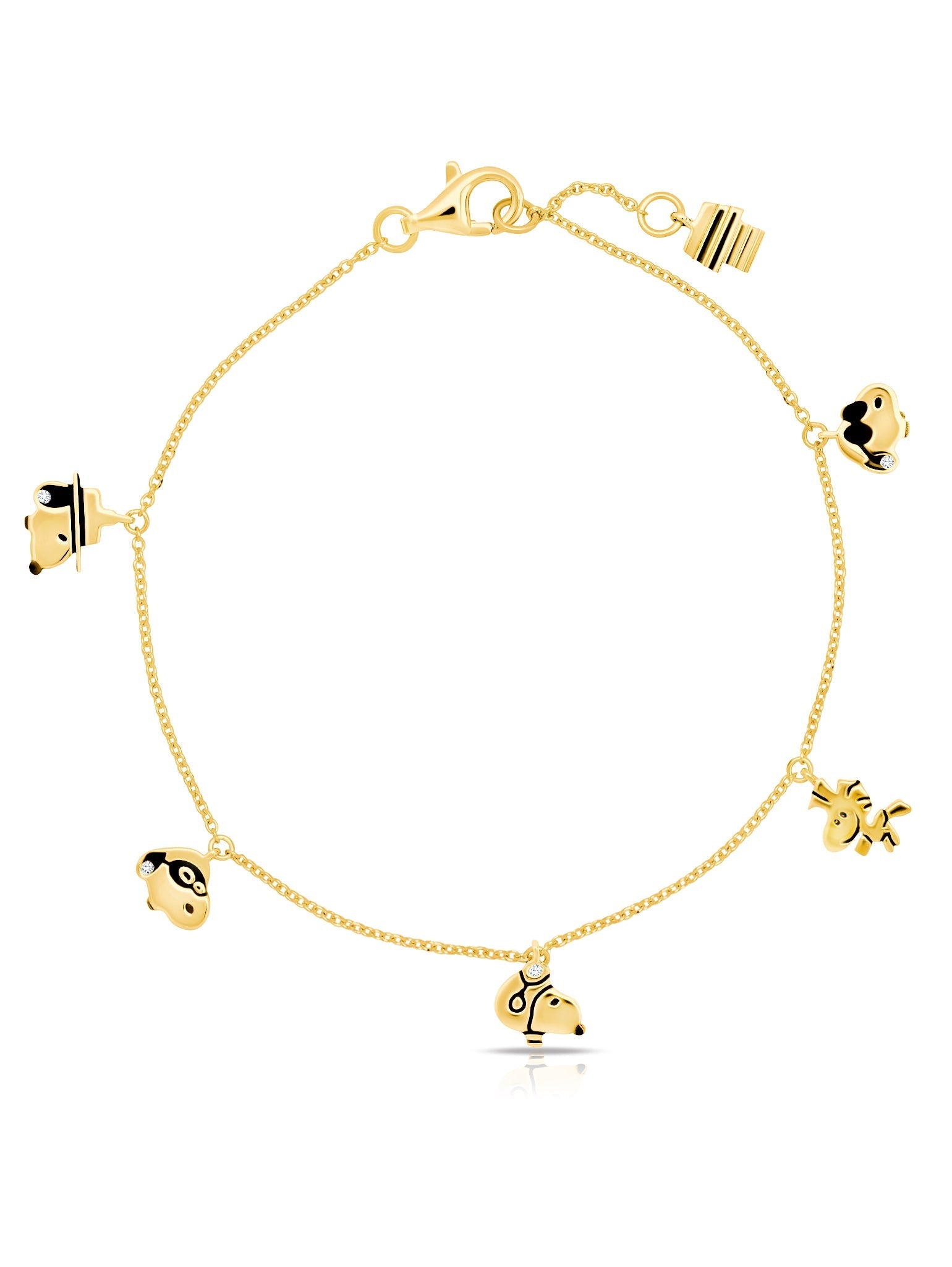 Snoopy & Woodstock Charm .925 Sterling Silver Bracelet Finished in 18kt Yellow Gold - CRISLU