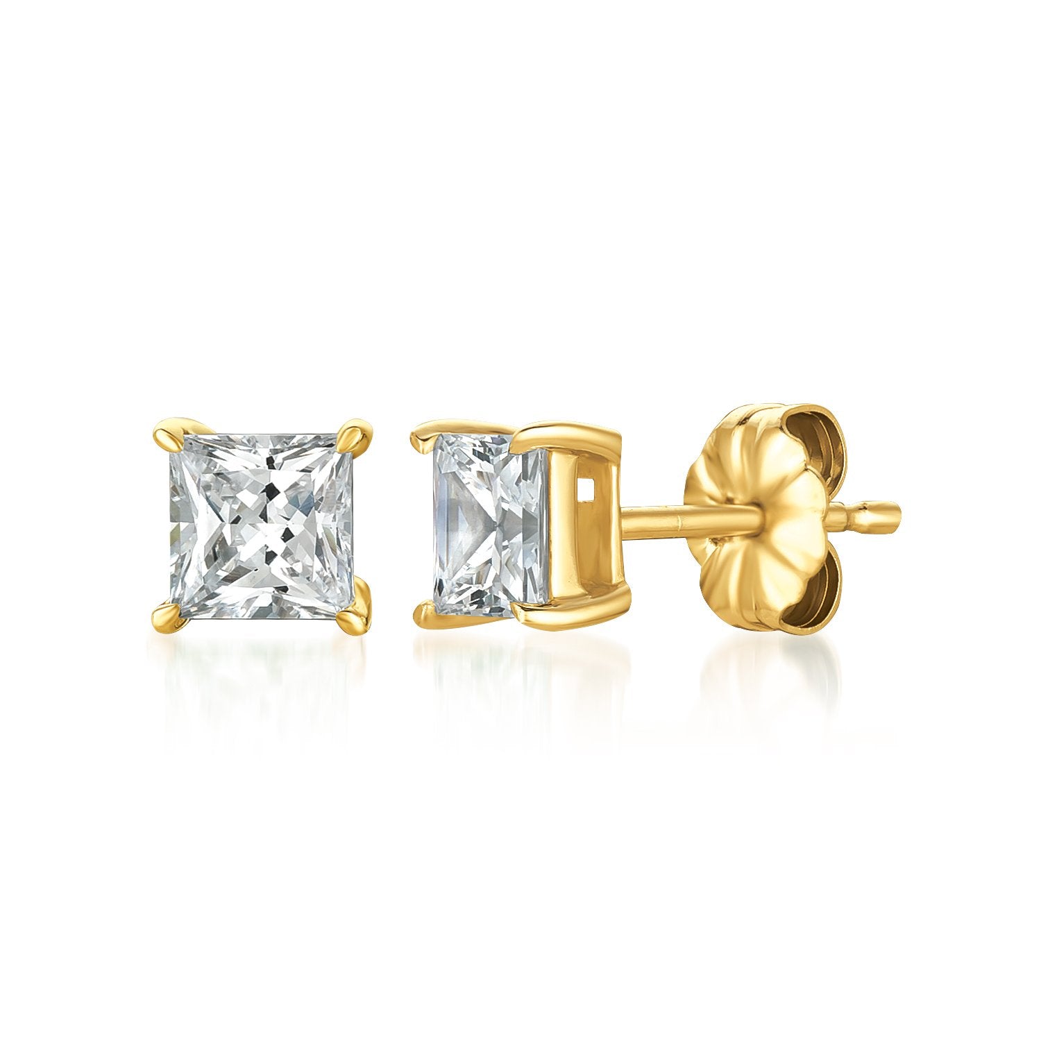 Solitaire Princess Stud Earrings Finished in 18kt Yellow Gold - 1.50 Cttw - CRISLU